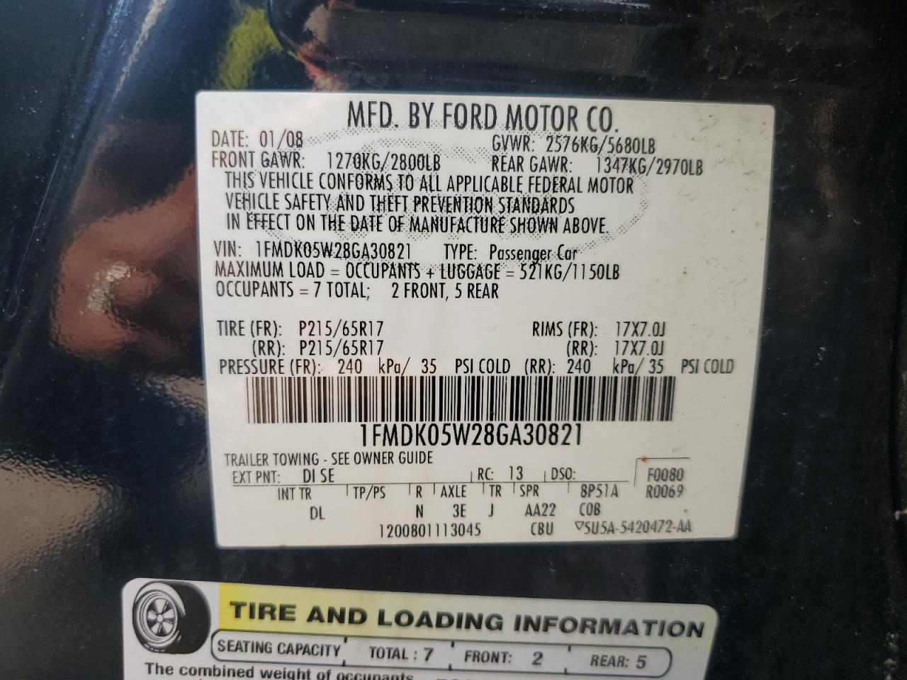 2008 Ford Taurus X Sel VIN: 1FMDK05W28GA30821 Lot: 71620175