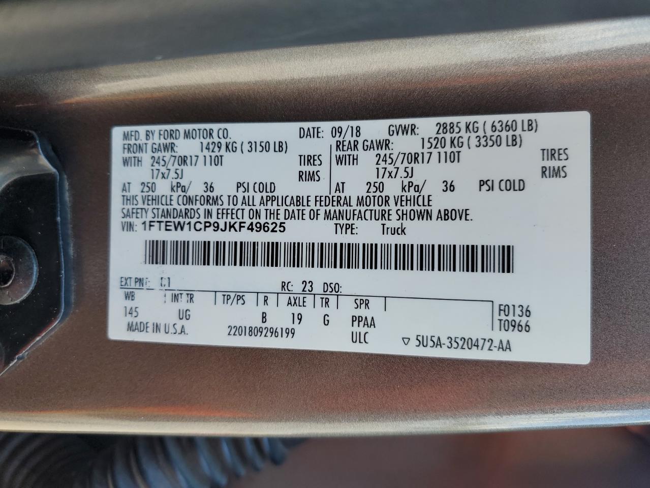 2018 Ford F150 Supercrew VIN: 1FTEW1CP9JKF49625 Lot: 80904455