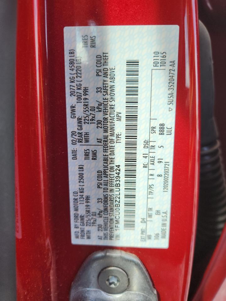 2020 Ford Escape Se Sport VIN: 1FMCU0BZ2LUB39424 Lot: 83752715