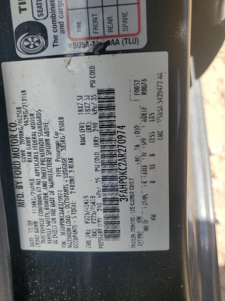 2010 Ford Fusion Sport VIN: 3FAHP0KC2AR270974 Lot: 71306835