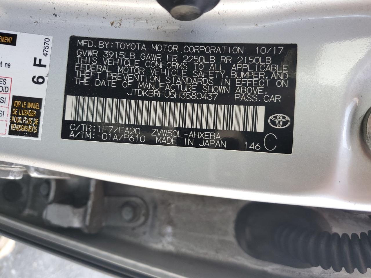 2017 Toyota Prius VIN: JTDKBRFU5H3580437 Lot: 80603075