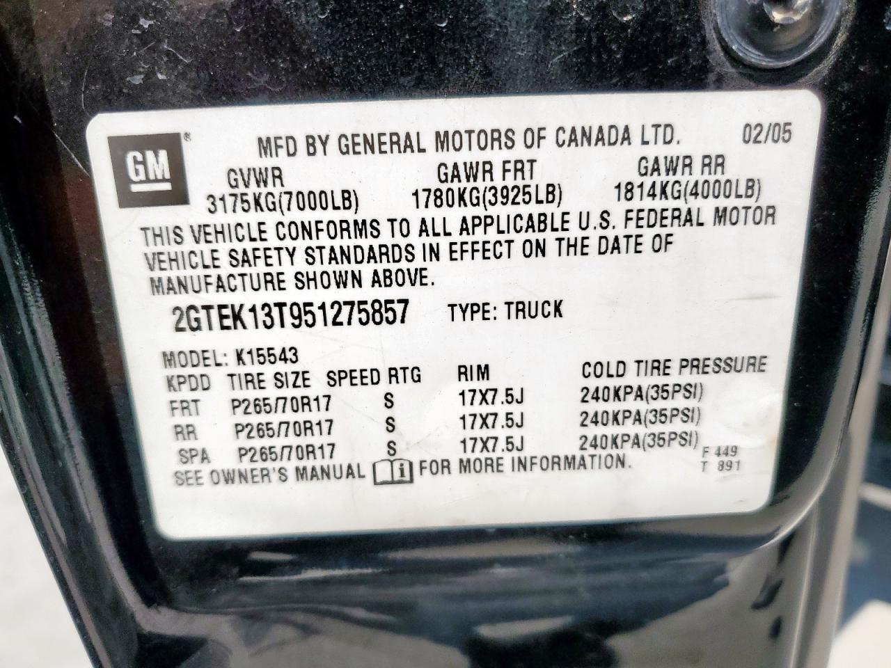 2005 GMC New Sierra K1500 VIN: 2GTEK13T951275857 Lot: 81000335