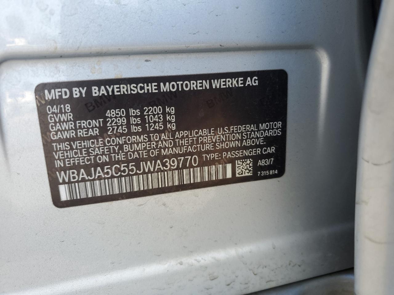 2018 BMW 530 I VIN: WBAJA5C55JWA39770 Lot: 81766465