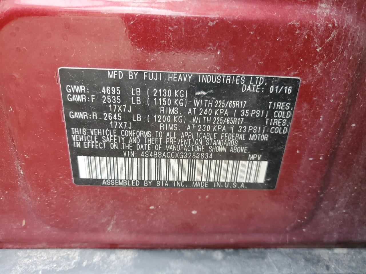 2016 Subaru Outback 2.5I Premium VIN: 4S4BSACCXG3283834 Lot: 81367725