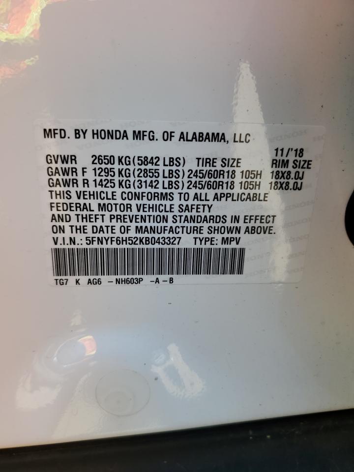 2019 Honda Pilot Exl VIN: 5FNYF6H52KB043327 Lot: 80806585