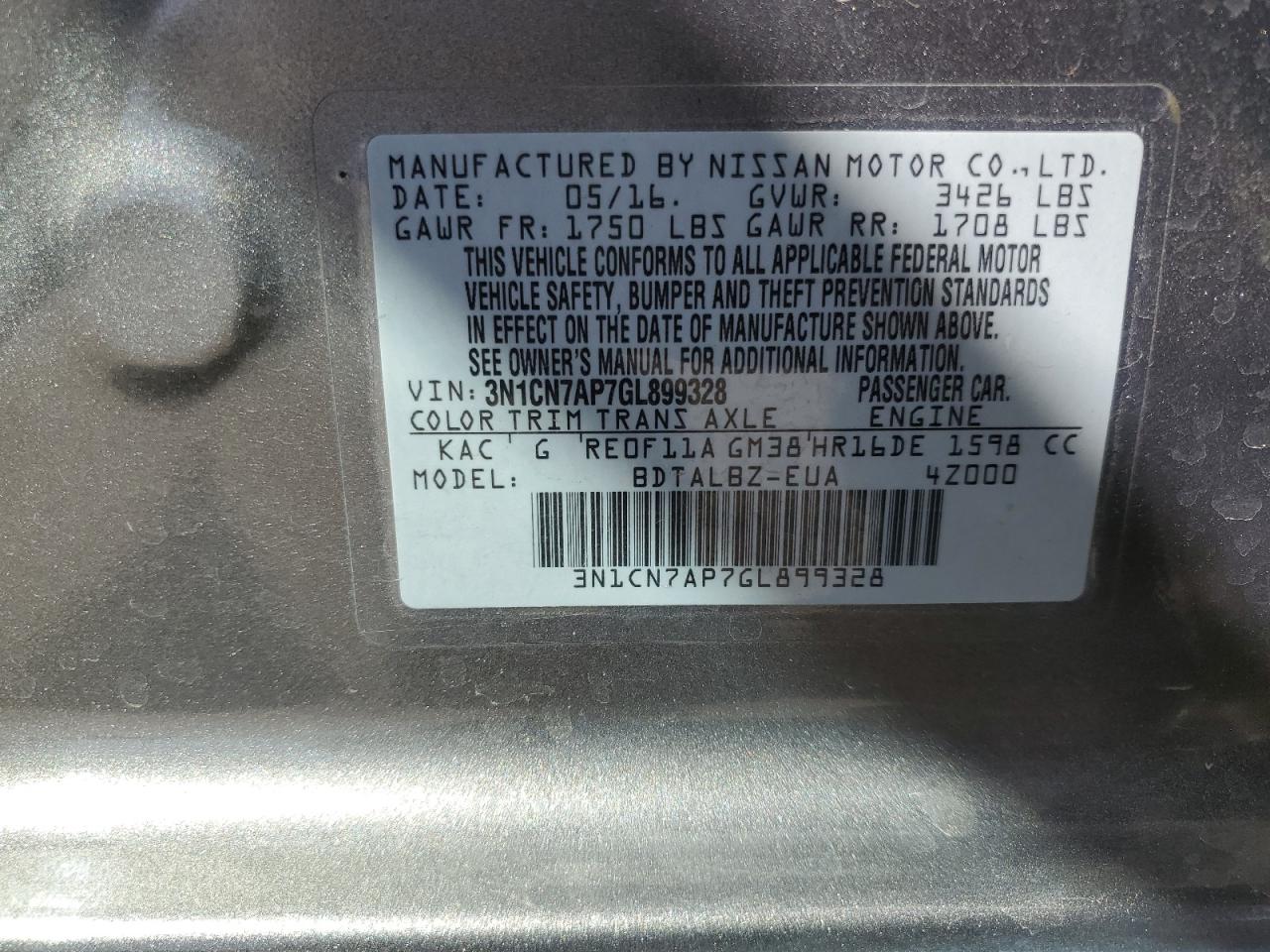 2016 Nissan Versa S VIN: 3N1CN7AP7GL899328 Lot: 71651955