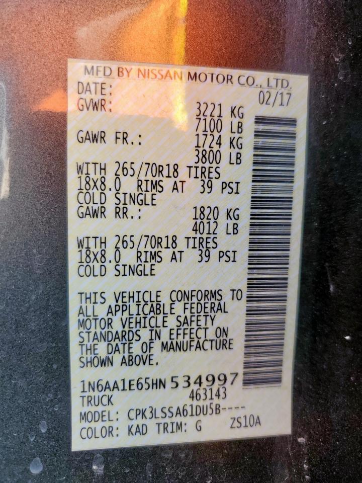 2017 Nissan Titan Sv VIN: 1N6AA1E65HN534997 Lot: 71353865