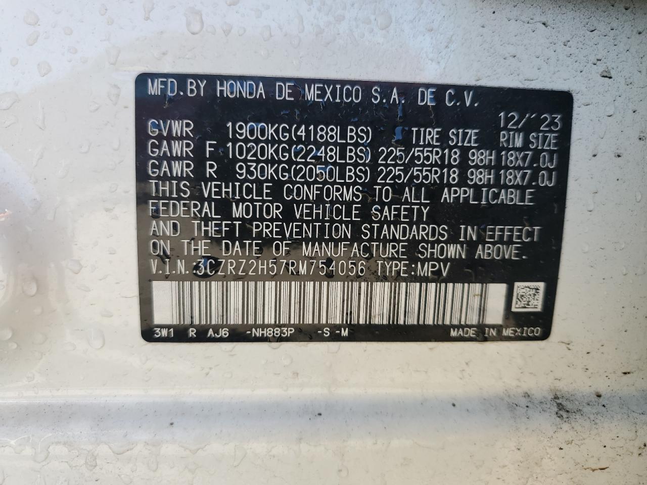 2024 Honda Hr-V Sport VIN: 3CZRZ2H57RM754056 Lot: 70135935