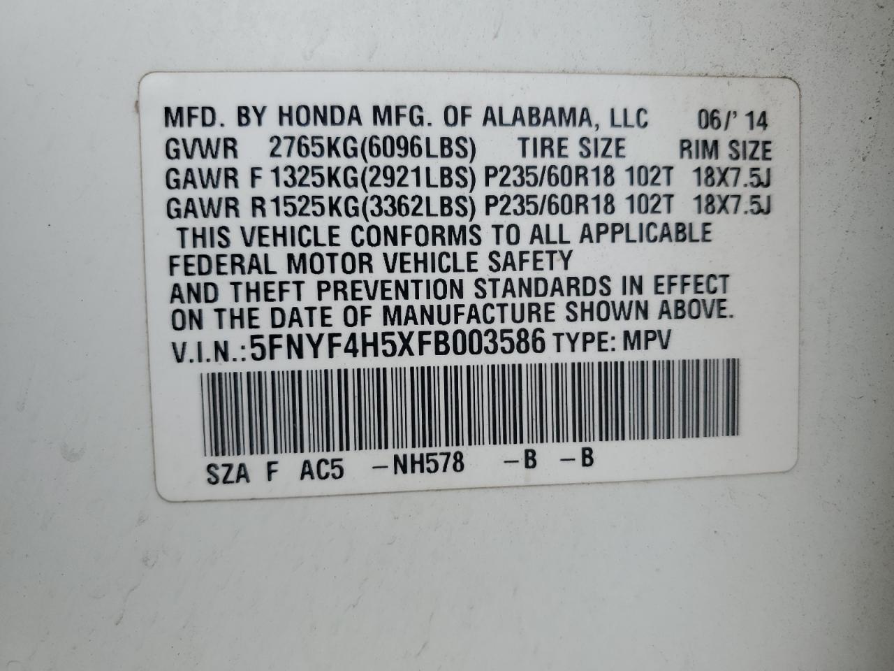 2015 Honda Pilot Exl VIN: 5FNYF4H5XFB003586 Lot: 81589375