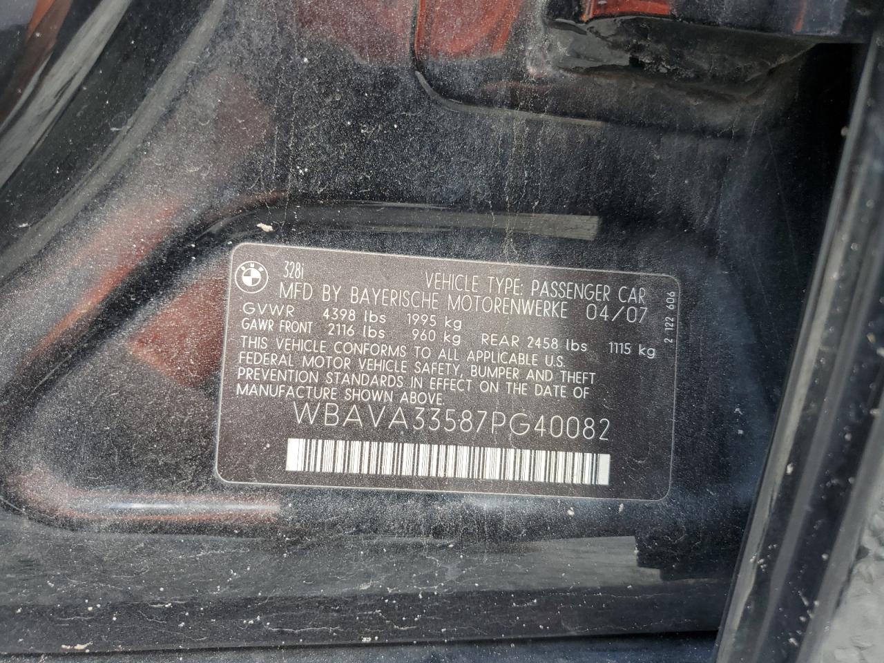 2007 BMW 328 I VIN: WBAVA33587PG40082 Lot: 71320135