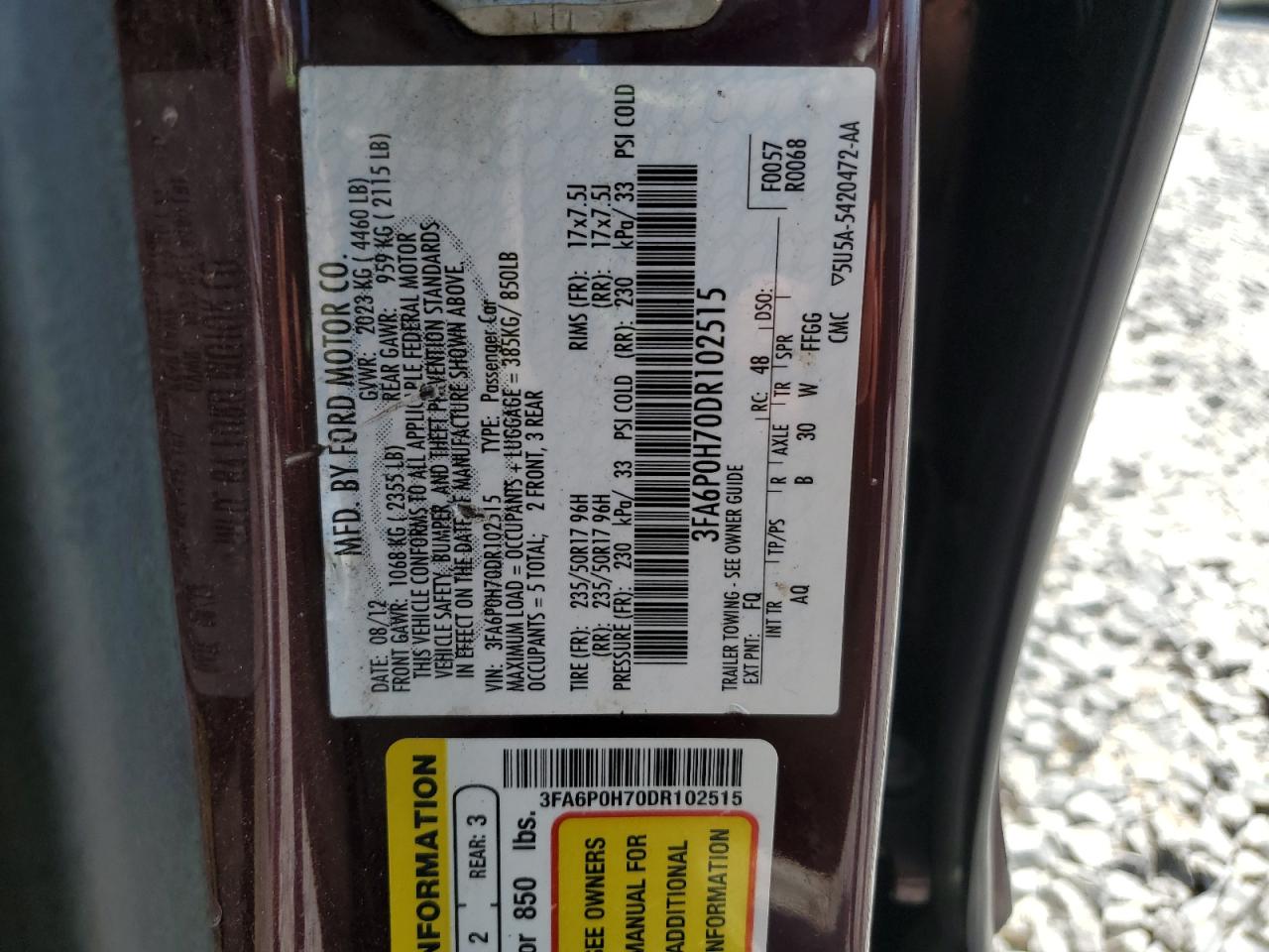 2013 Ford Fusion Se VIN: 3FA6P0H70DR102515 Lot: 80175975