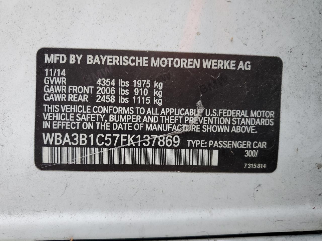 2015 BMW 320 I VIN: WBA3B1C57FK137869 Lot: 80478865