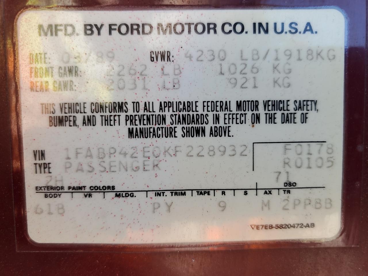 1989 Ford Mustang Gt VIN: 1FABP42E0KF228932 Lot: 84835185