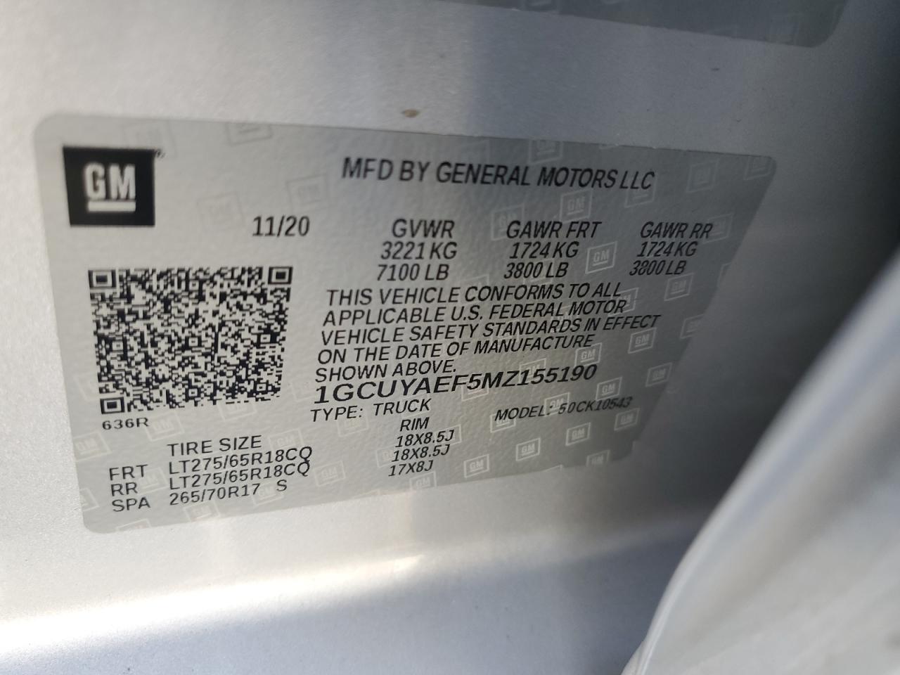 2021 Chevrolet Silverado K1500 VIN: 1GCUYAEF5MZ155190 Lot: 81766485