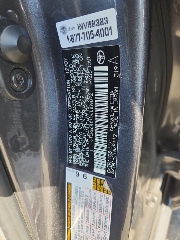 2008 Toyota Prius VIN: JTDKB20U383359872 Lot: 71322305