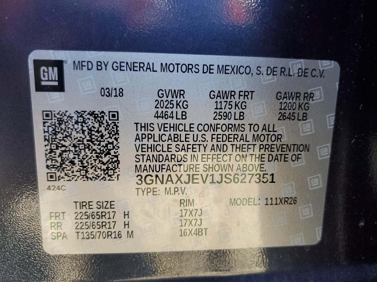 2018 Chevrolet Equinox Lt VIN: 3GNAXJEV1JS627351 Lot: 70913015