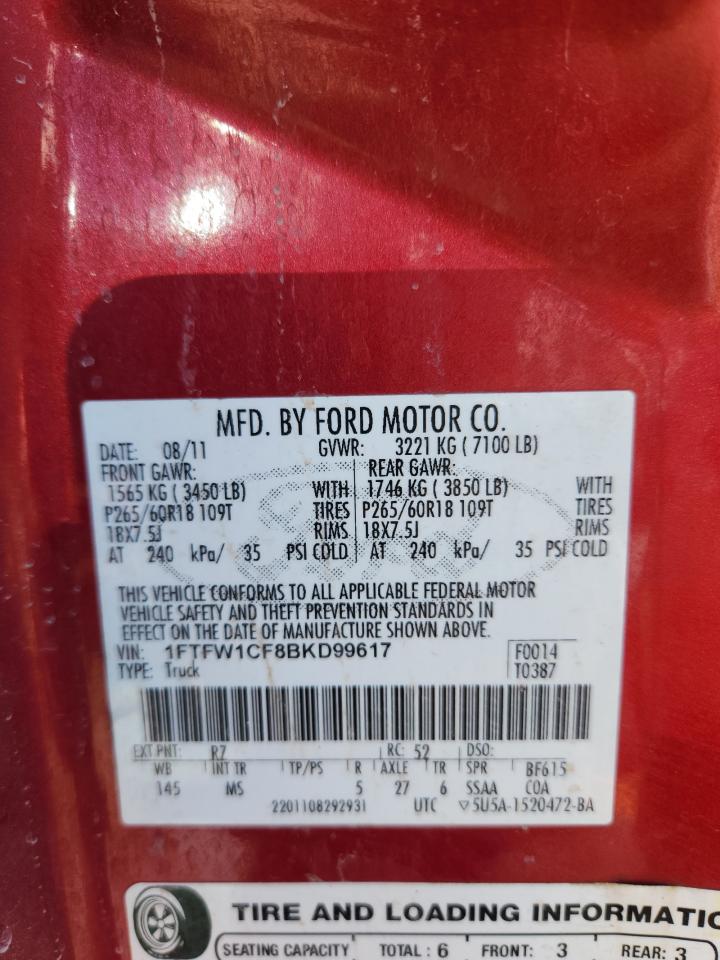 2011 Ford F150 Supercrew VIN: 1FTFW1CF8BKD99617 Lot: 71916645