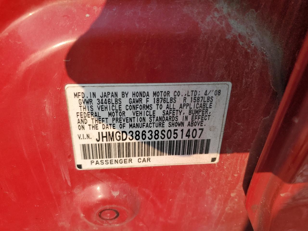 2008 Honda Fit Sport VIN: JHMGD38638S051407 Lot: 71288285
