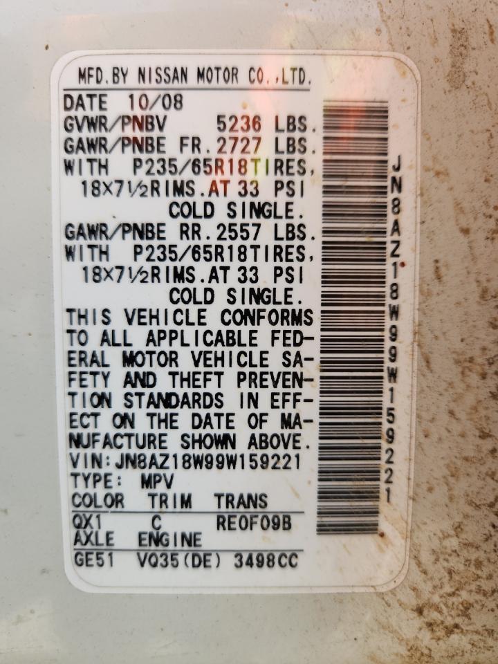 2009 Nissan Murano S VIN: JN8AZ18W99W159221 Lot: 80149365