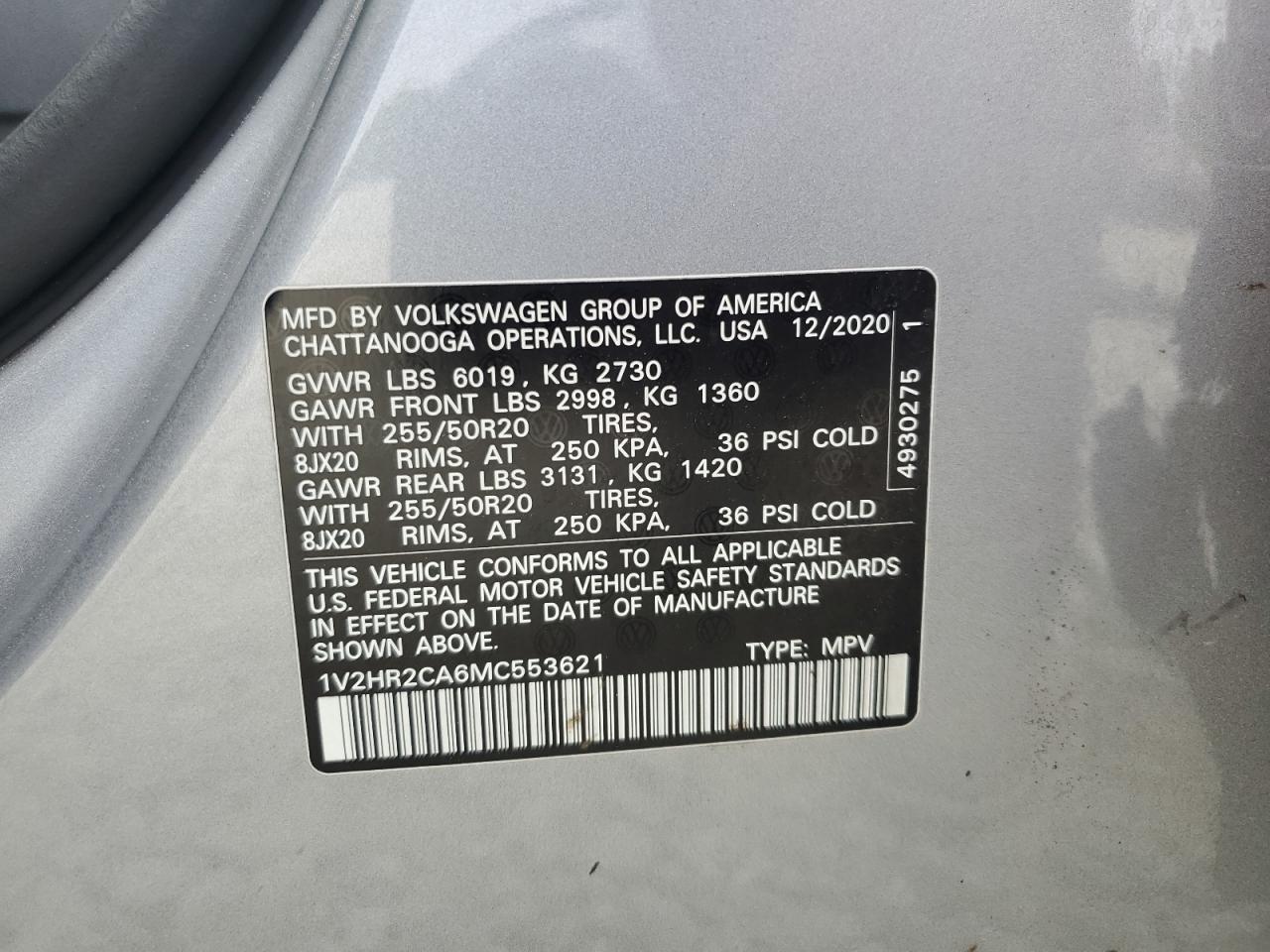 2021 Volkswagen Atlas Se VIN: 1V2HR2CA6MC553621 Lot: 71153635