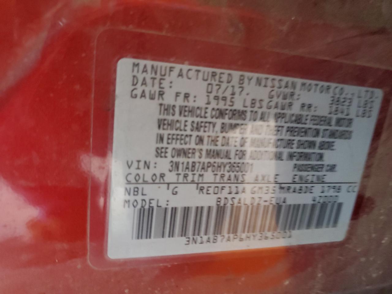 2017 Nissan Sentra S VIN: 3N1AB7AP6HY365001 Lot: 71201085