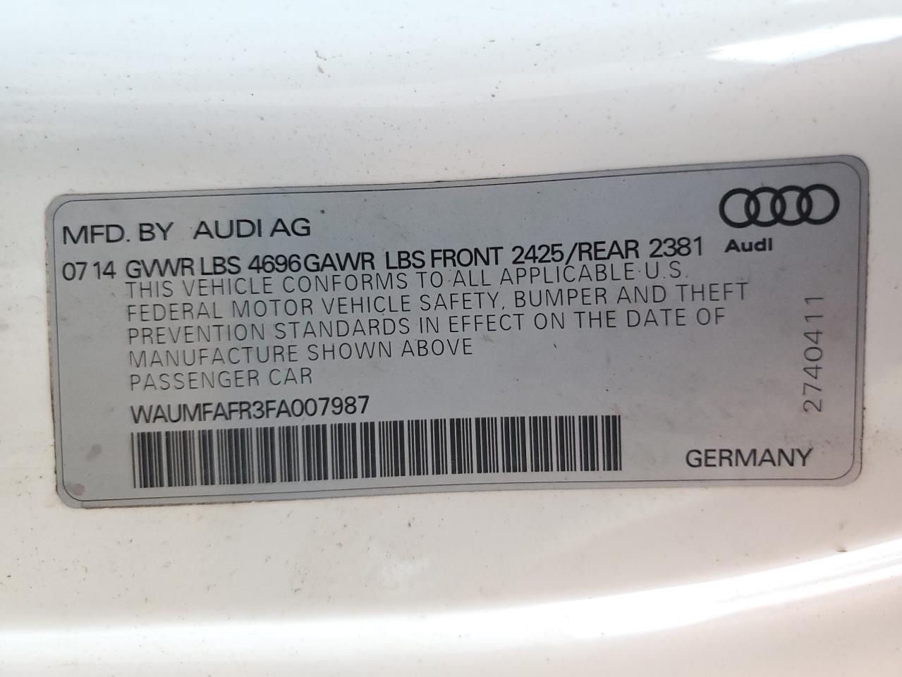 2015 Audi A5 Premium Plus VIN: WAUMFAFR3FA007987 Lot: 84231785