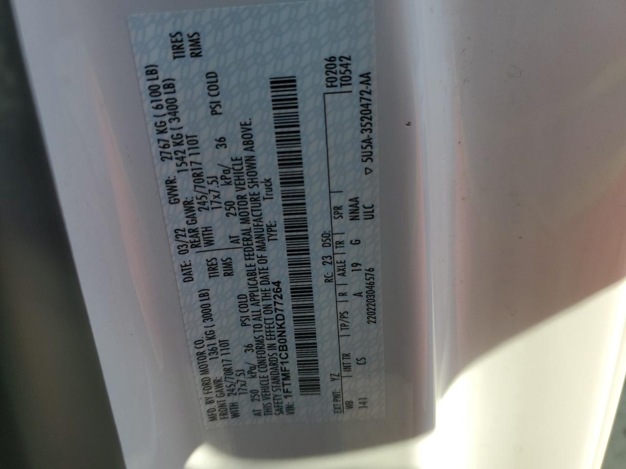 2022 Ford F150 VIN: 1FTMF1CB0NKD77264 Lot: 85202675