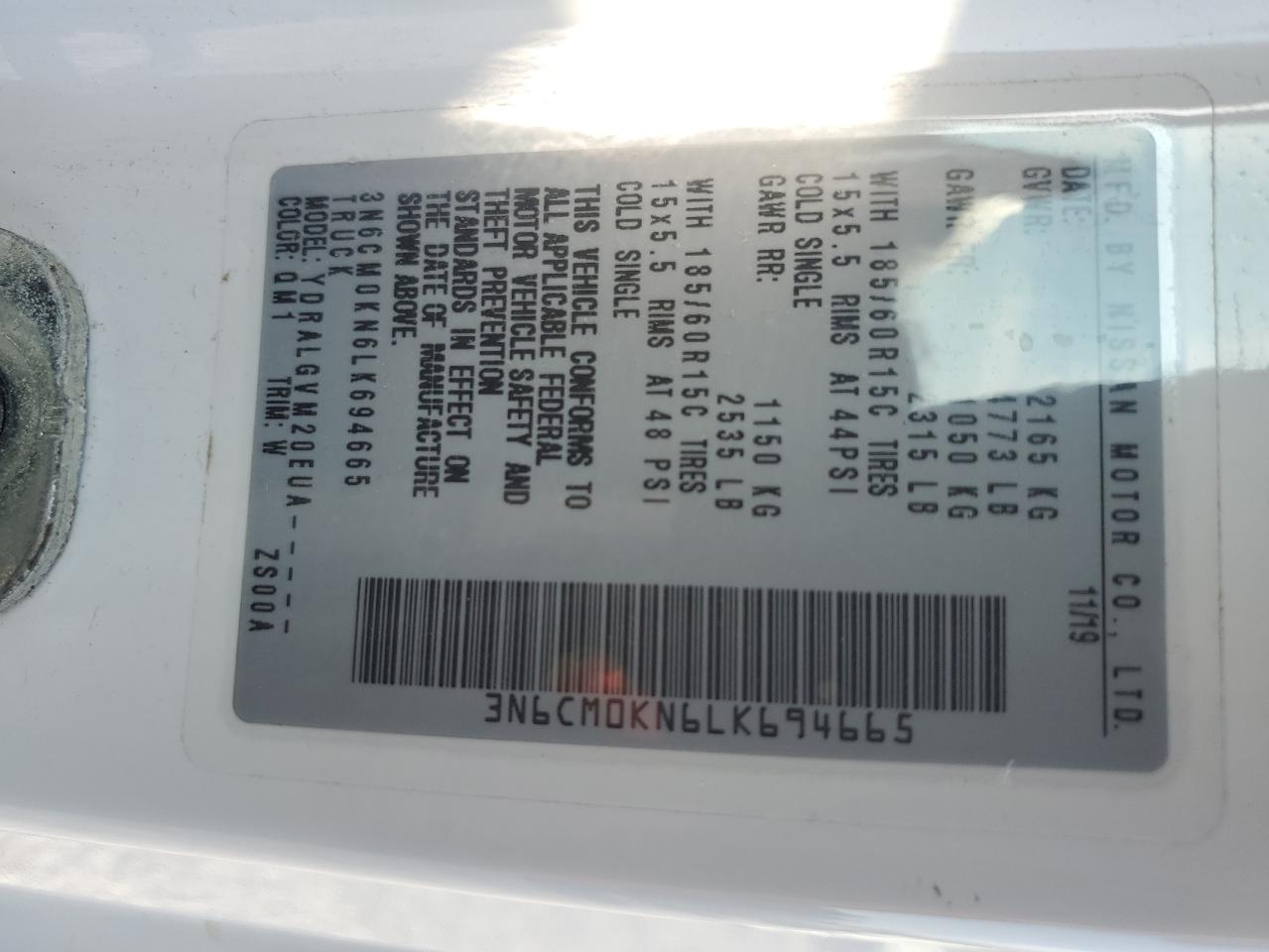 2020 Nissan Nv200 2.5S VIN: 3N6CM0KN6LK694665 Lot: 80846065