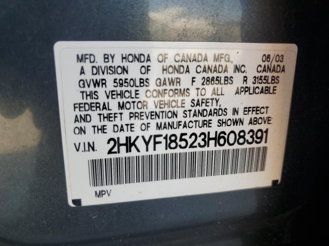 2003 Honda Pilot Exl VIN: 2HKYF18523H608391 Lot: 83801175