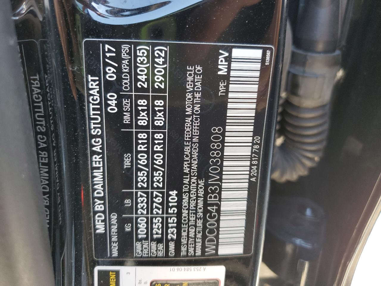 2018 Mercedes-Benz Glc 300 VIN: WDC0G4JB3JV038808 Lot: 80490905