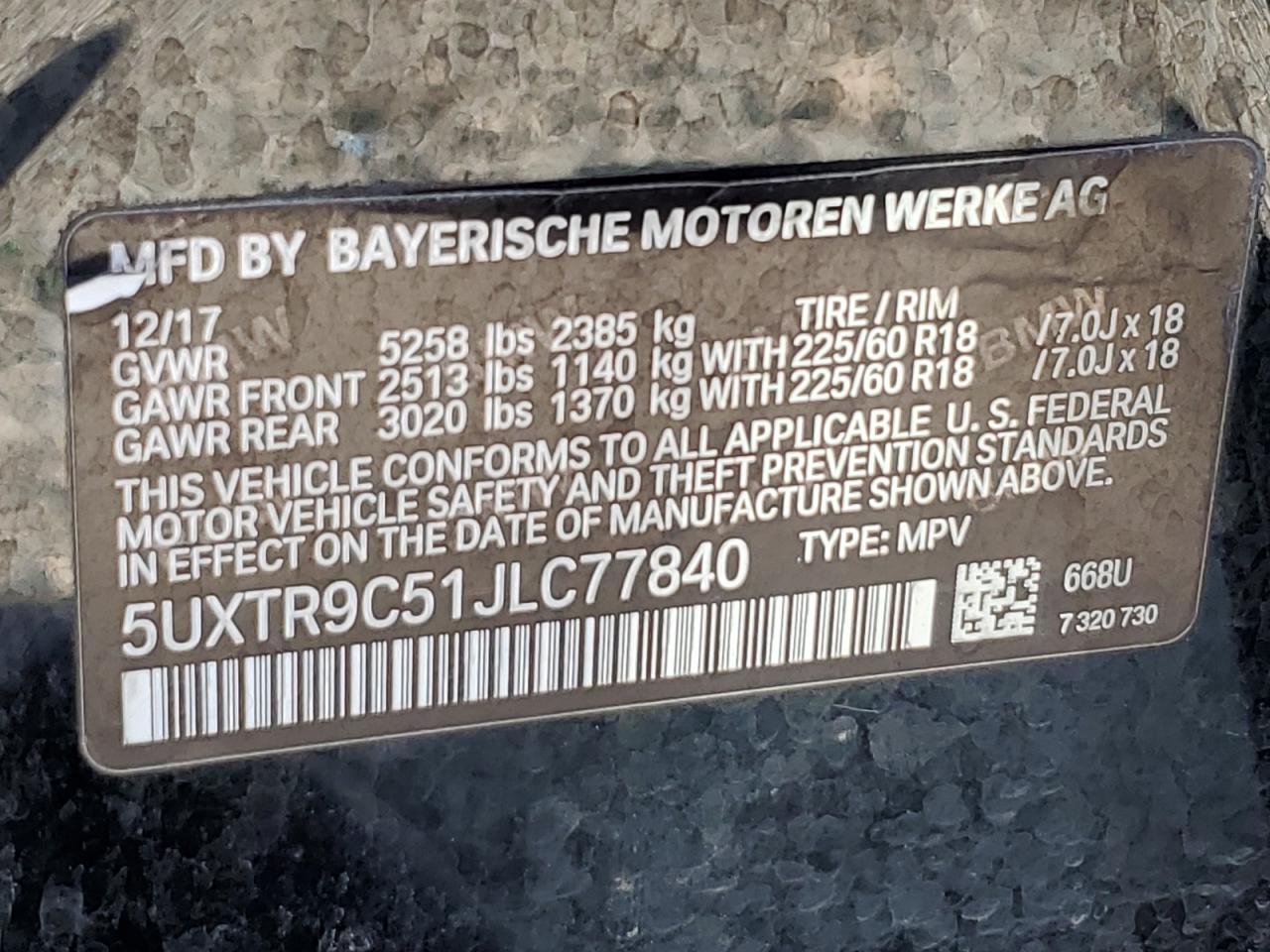 2018 BMW X3 xDrive30I VIN: 5UXTR9C51JLC77840 Lot: 81696885