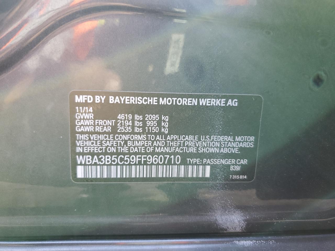 2015 BMW 328 Xi Sulev VIN: WBA3B5C59FF960710 Lot: 71713525