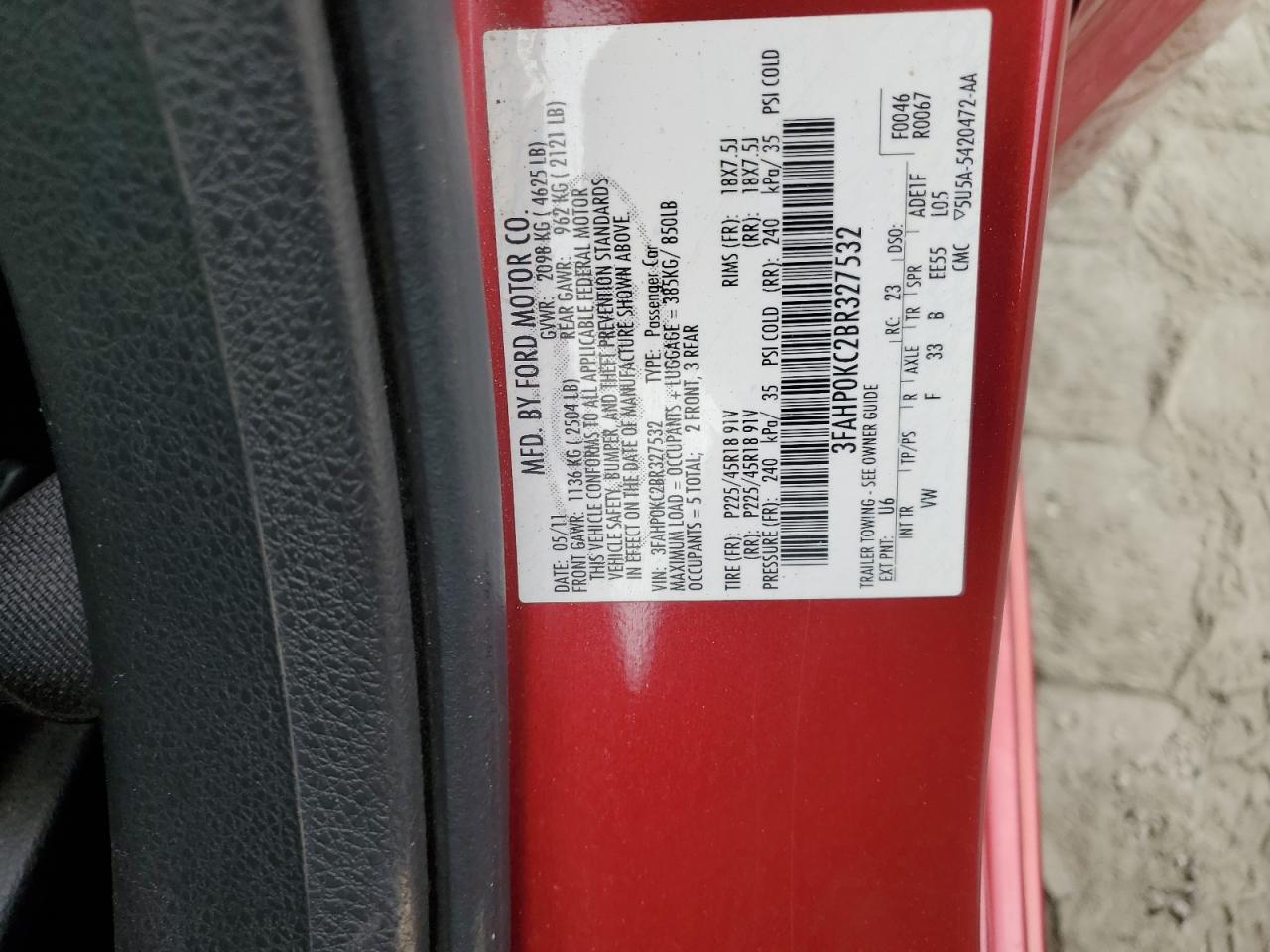 2011 Ford Fusion Sport VIN: 3FAHP0KC2BR327532 Lot: 80675265