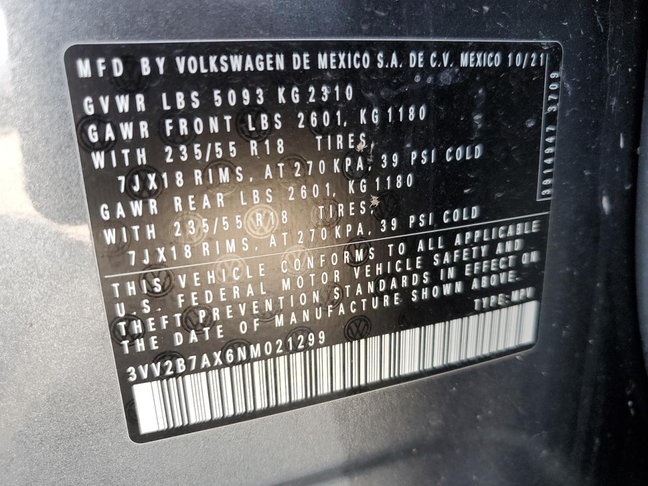 2022 Volkswagen Tiguan Se VIN: 3VV2B7AX6NM021299 Lot: 71072095