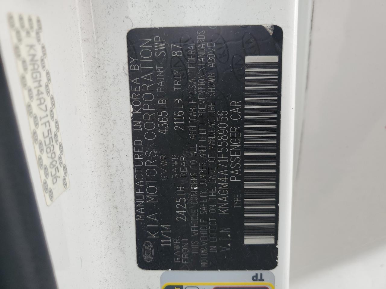 2015 Kia Optima Lx VIN: KNAGM4A71F5589056 Lot: 81035835