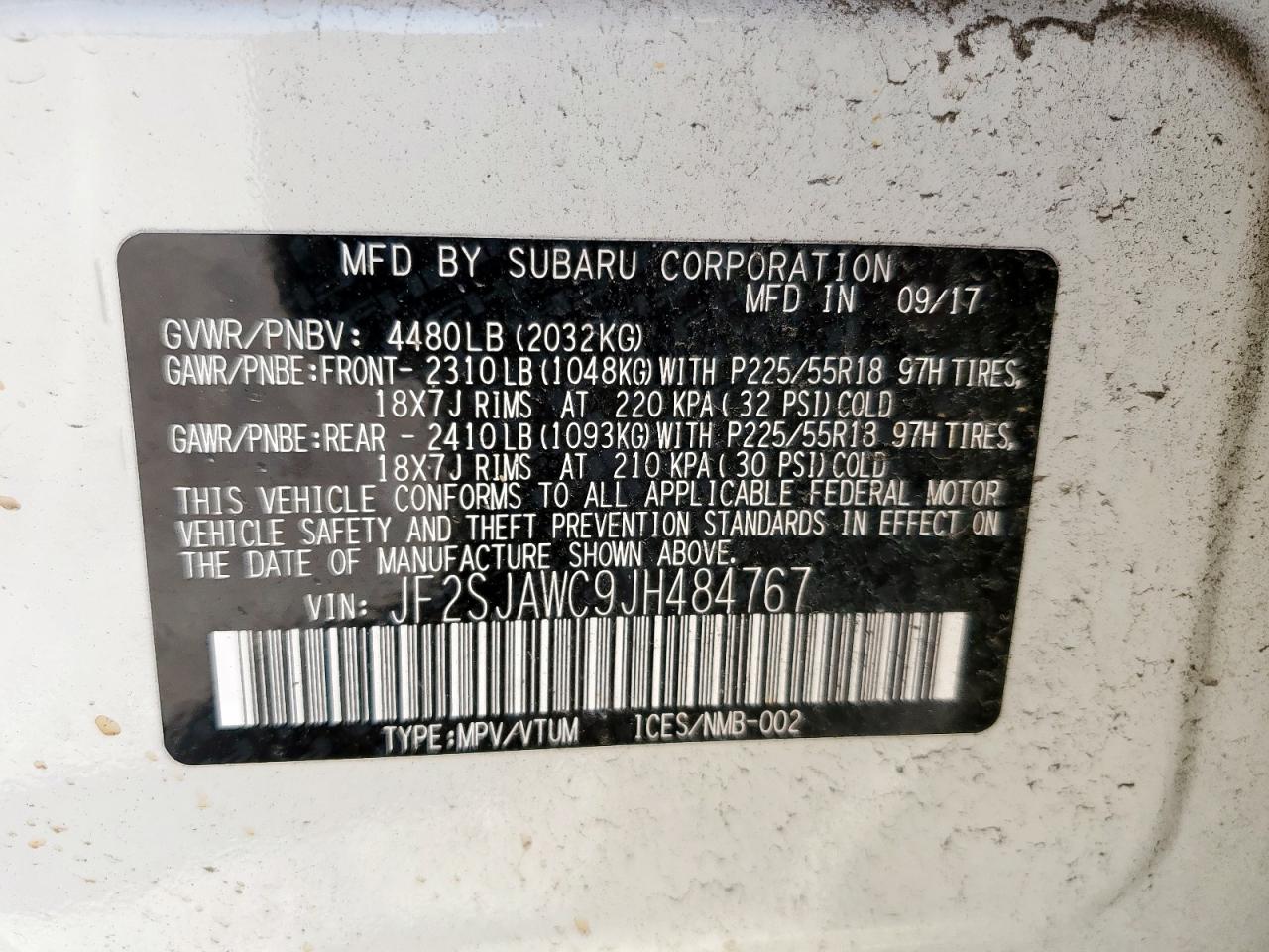 2018 Subaru Forester 2.5I Touring VIN: JF2SJAWC9JH484767 Lot: 80111175