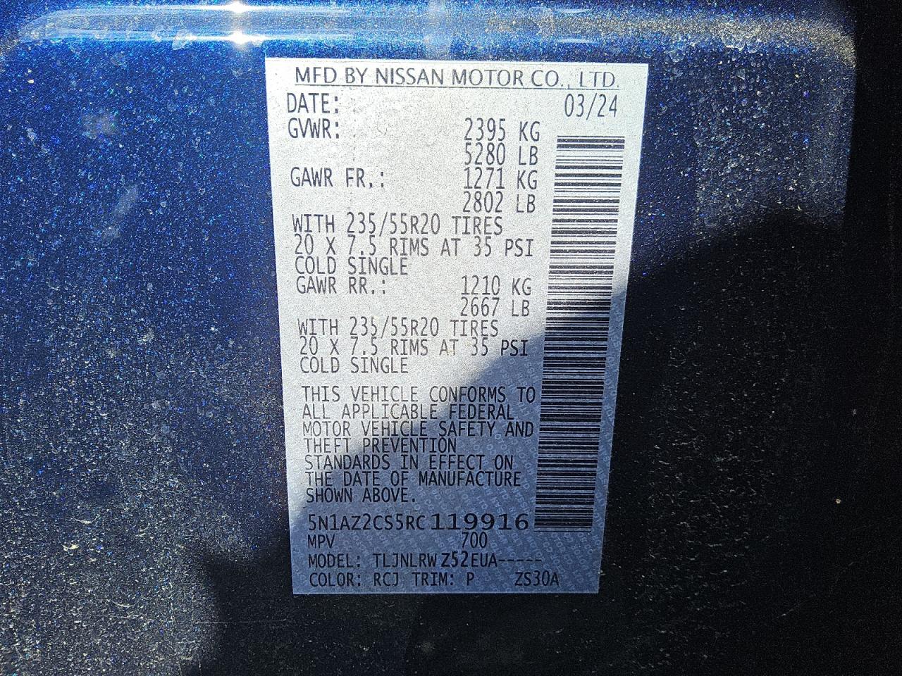 2024 Nissan Murano Sl VIN: 5N1AZ2CS5RC119916 Lot: 80289285