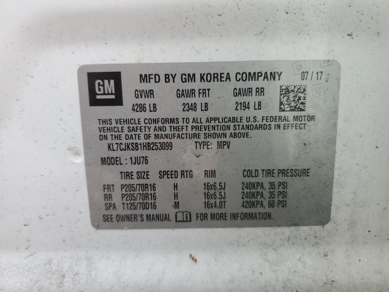 2017 Chevrolet Trax Ls VIN: KL7CJKSB1HB253099 Lot: 80546815