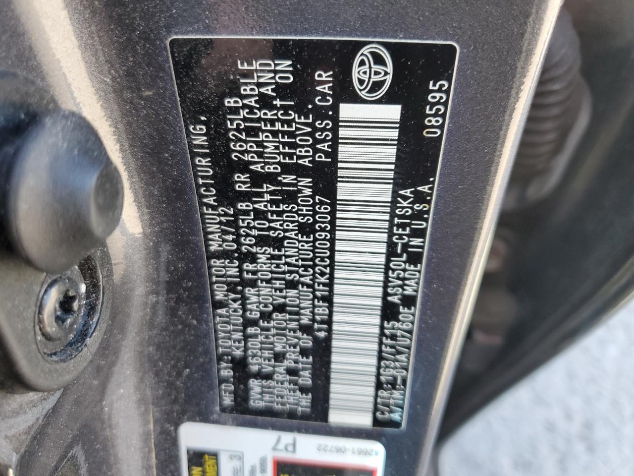 2012 Toyota Camry Base VIN: 4T1BF1FK2CU093067 Lot: 81003645