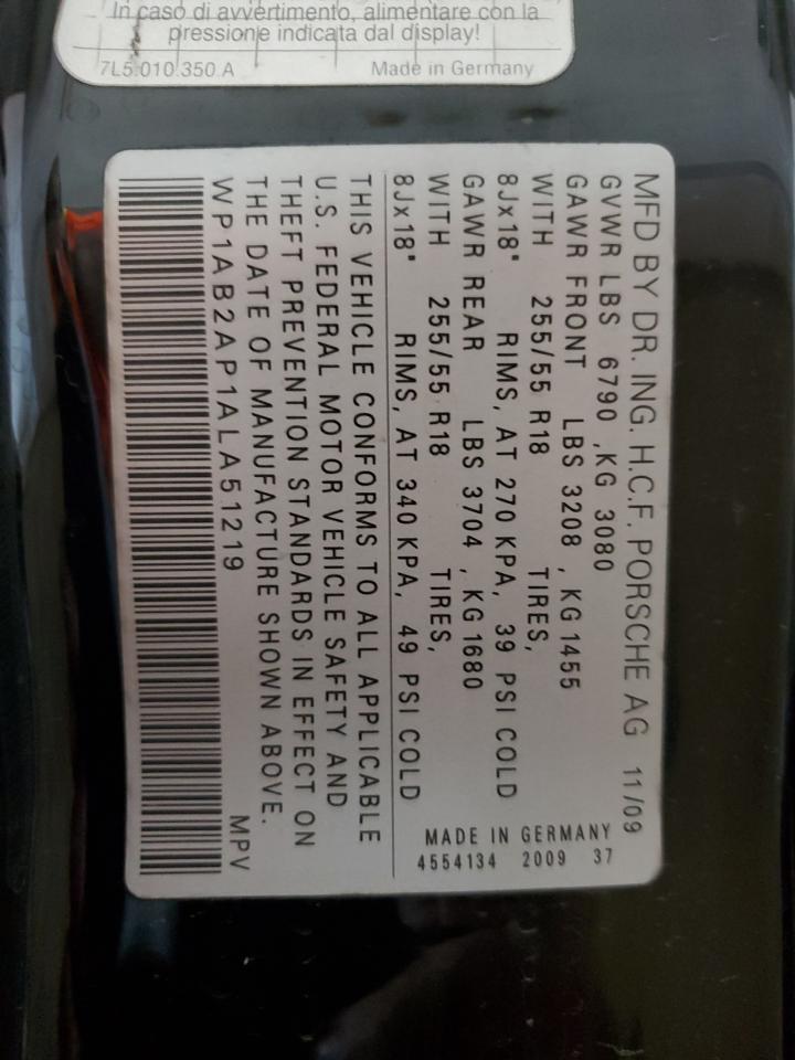 2010 Porsche Cayenne S VIN: WP1AB2AP1ALA51219 Lot: 86672135