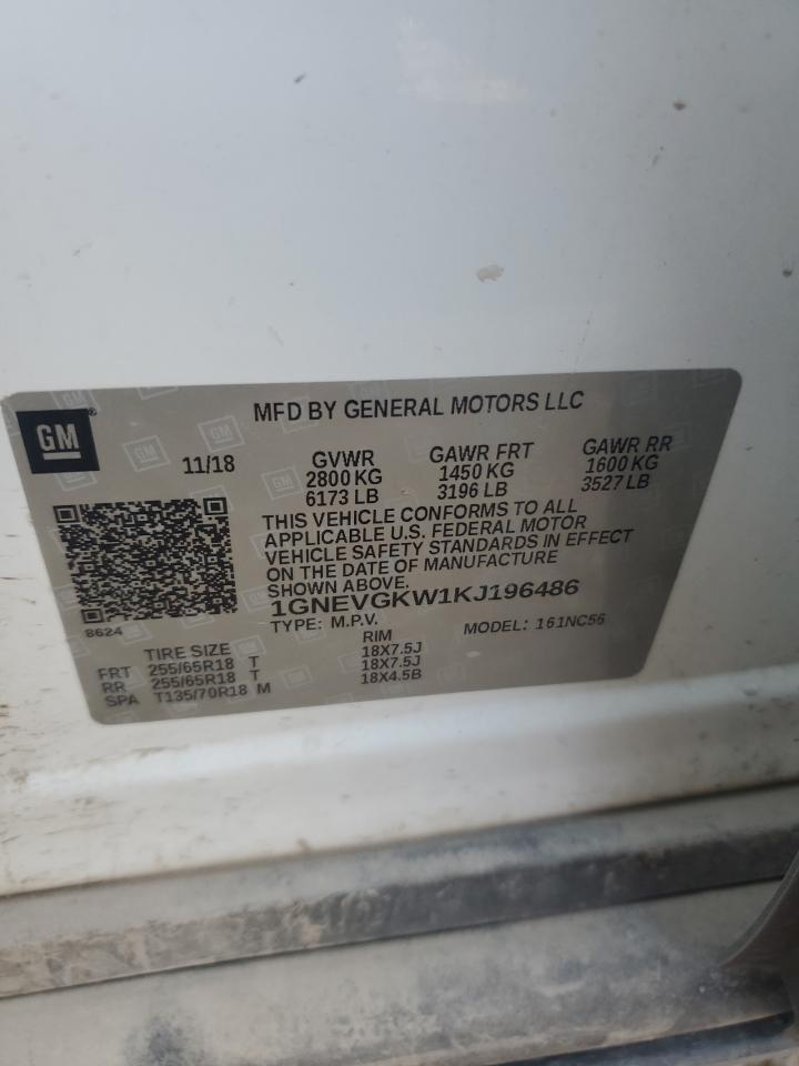 2019 Chevrolet Traverse Lt VIN: 1GNEVGKW1KJ196486 Lot: 80409765