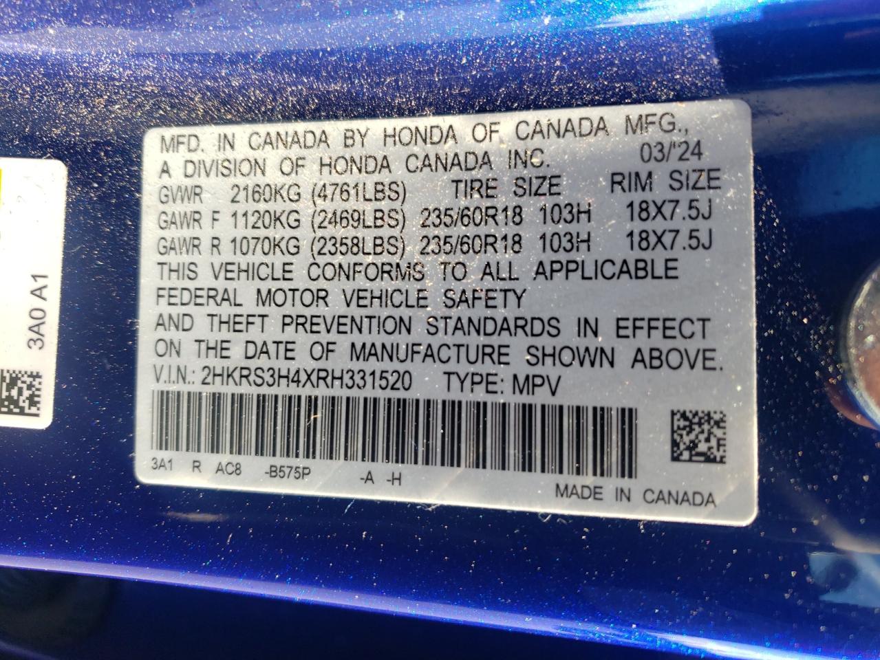 2024 Honda Cr-V Ex VIN: 2HKRS3H4XRH331520 Lot: 80354725