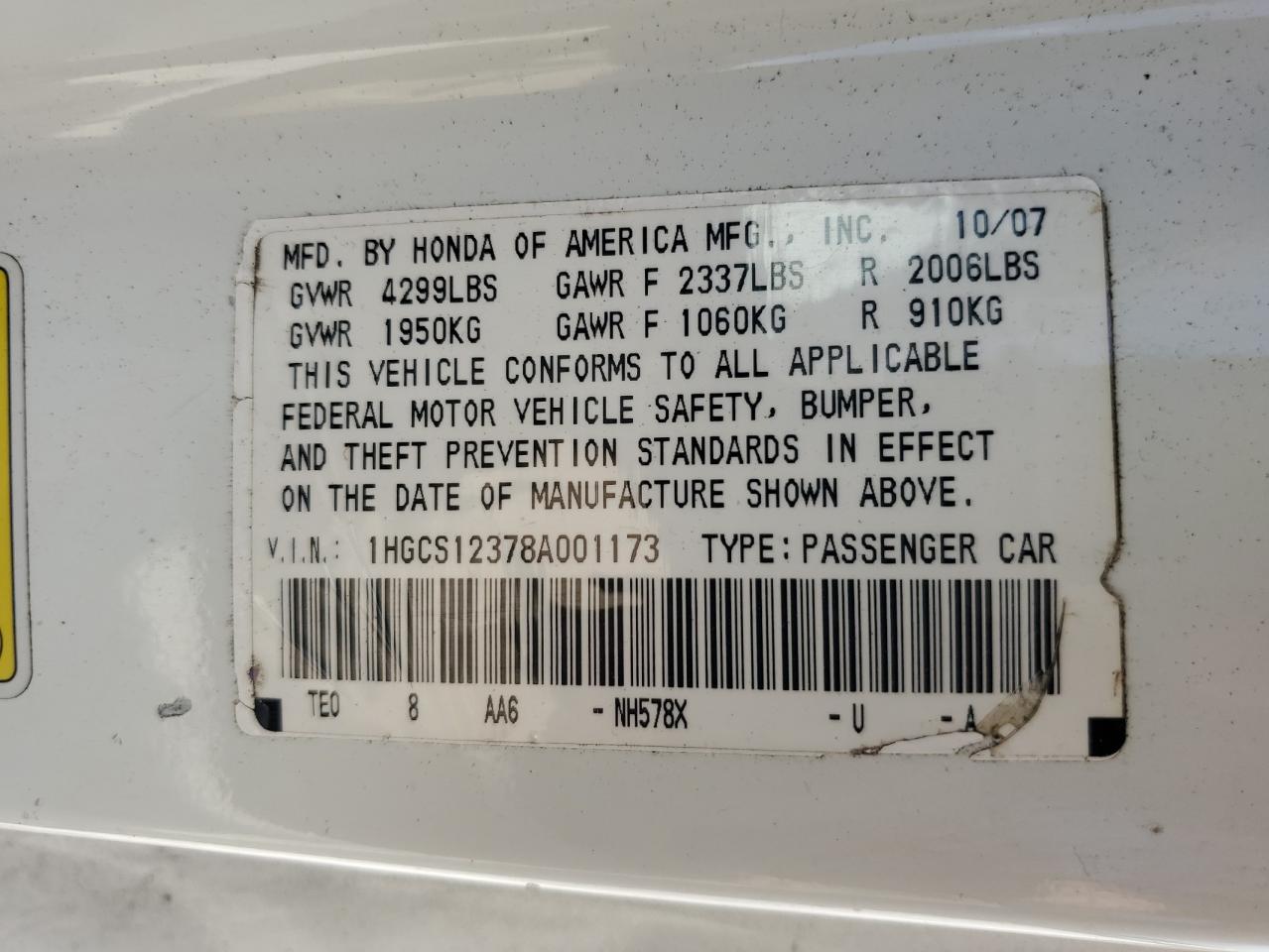 2008 Honda Accord Lx-S VIN: 1HGCS12378A001173 Lot: 81847565