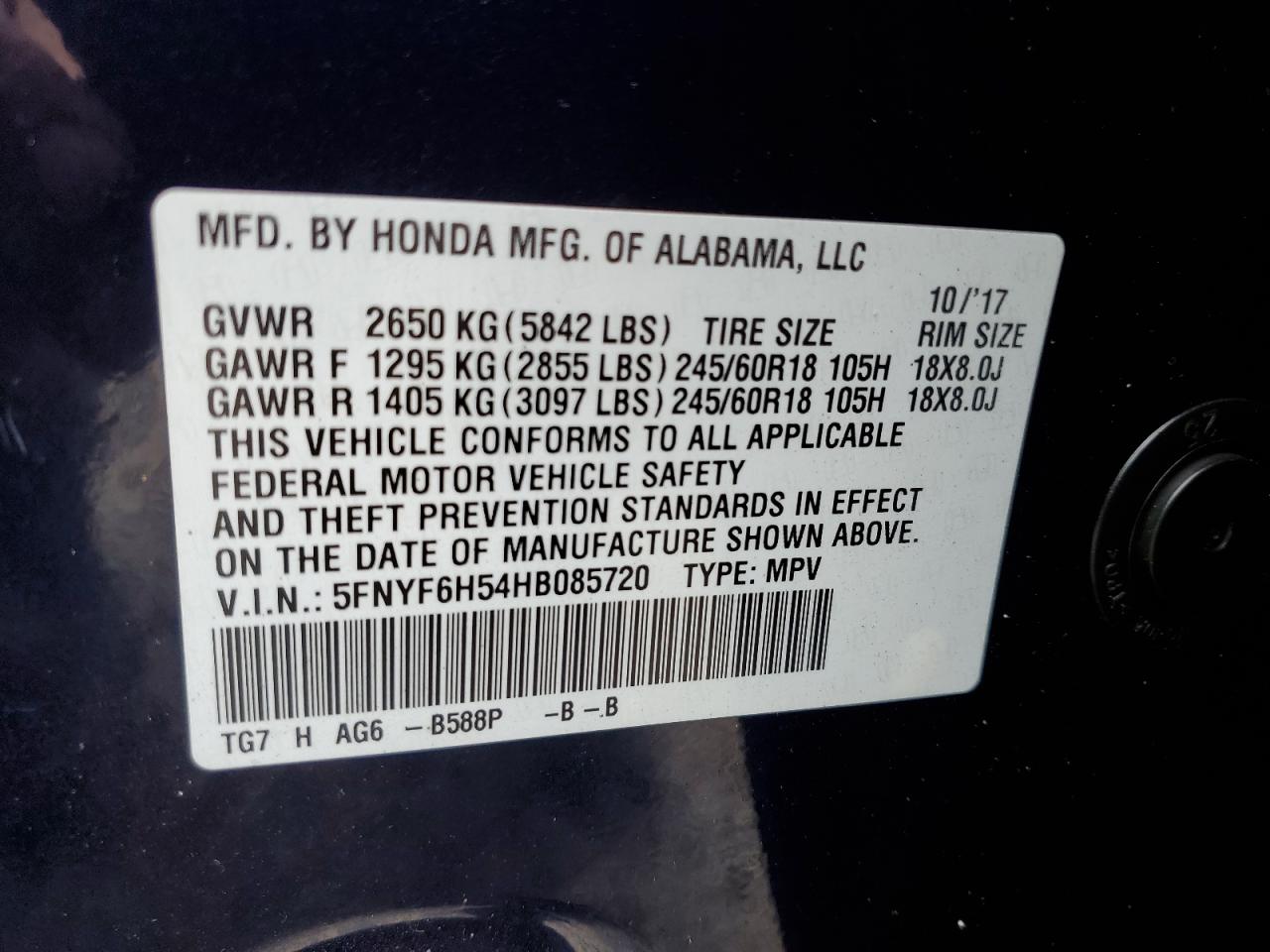 2017 Honda Pilot Exl VIN: 5FNYF6H54HB085720 Lot: 71510495