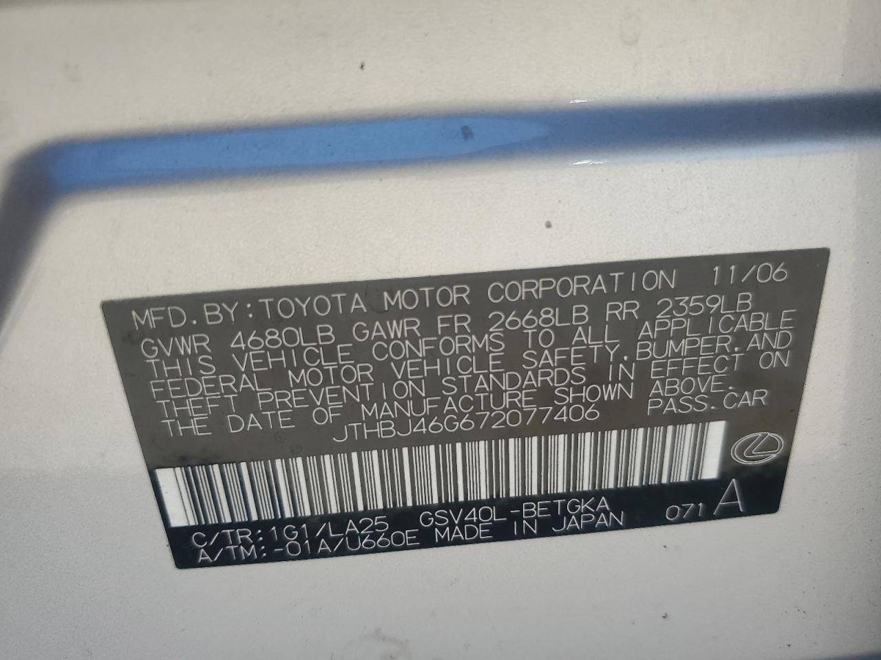 2007 Lexus Es 350 VIN: JTHBJ46G672077406 Lot: 70205675