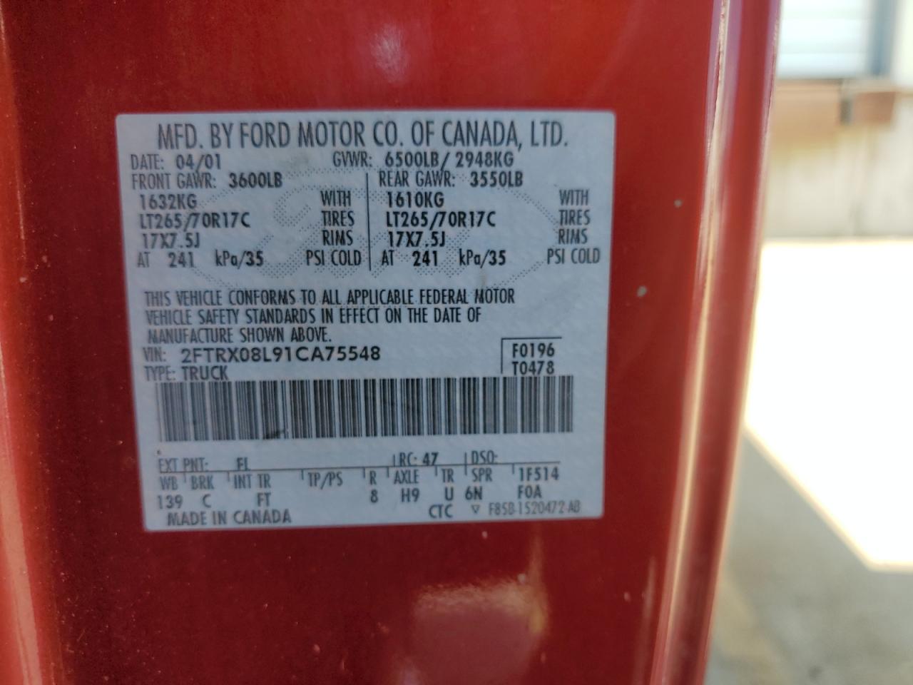 2001 Ford F150 VIN: 2FTRX08L91CA75548 Lot: 81034705