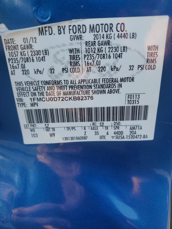 2012 Ford Escape Xlt VIN: 1FMCU0D72CKB82376 Lot: 96563035