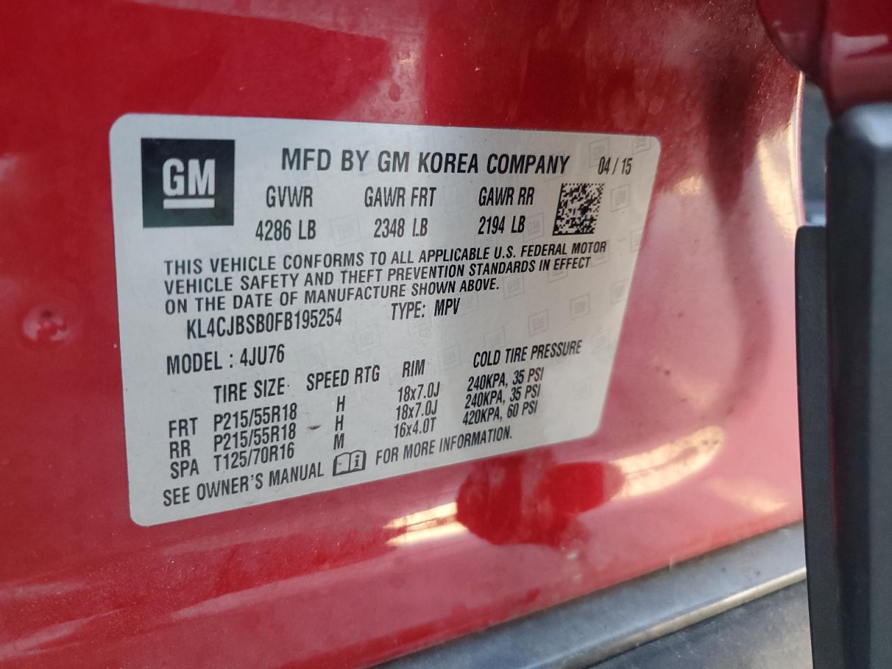 2015 Buick Encore Convenience VIN: KL4CJBSB0FB195254 Lot: 71035925