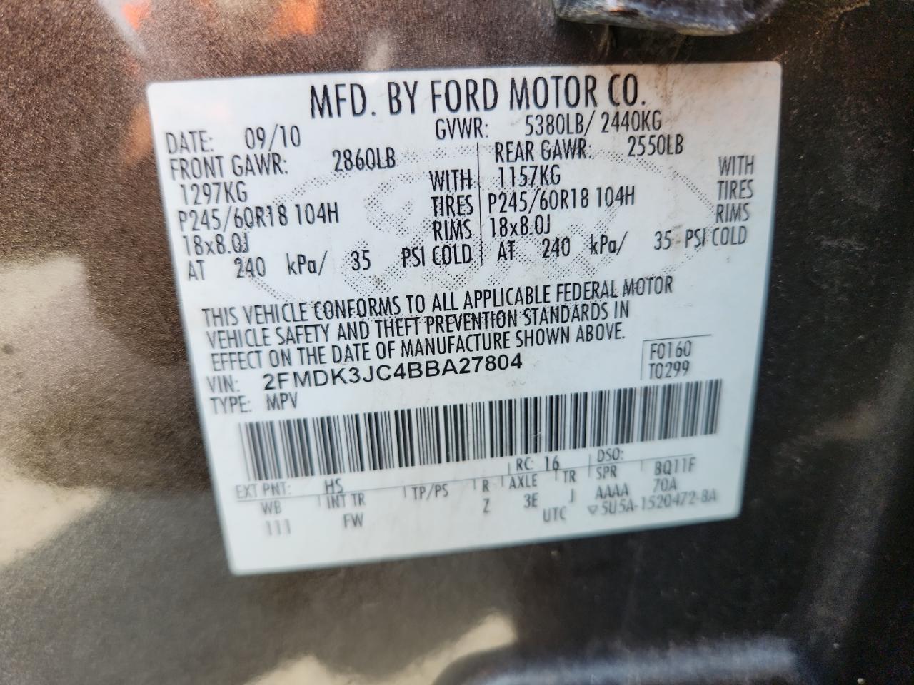 2011 Ford Edge Sel VIN: 2FMDK3JC4BBA27804 Lot: 70888885