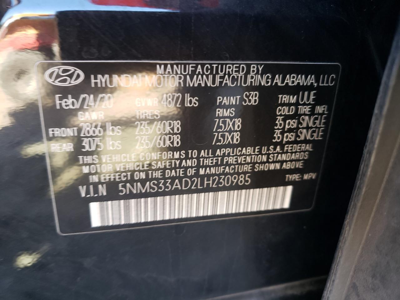 2020 Hyundai Santa Fe Sel VIN: 5NMS33AD2LH230985 Lot: 72050045